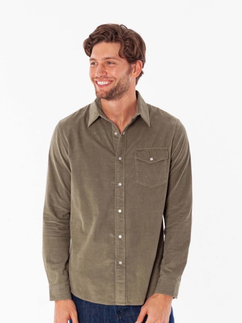 Criquet corduroy pearl snap long sleeve button up in olive like new